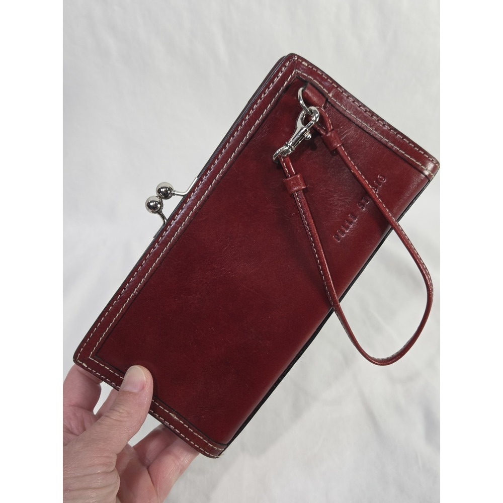 Wilsons Leather Pelle Studio Clutch Wristlet Womens Burgundy Kiss Lock Closure